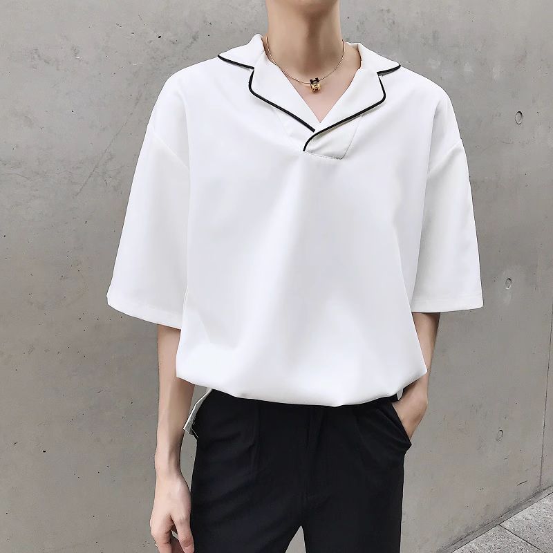 Bjorn - T-shirt met 3/4-mouwen, reverskraag en contrasterende bies en split