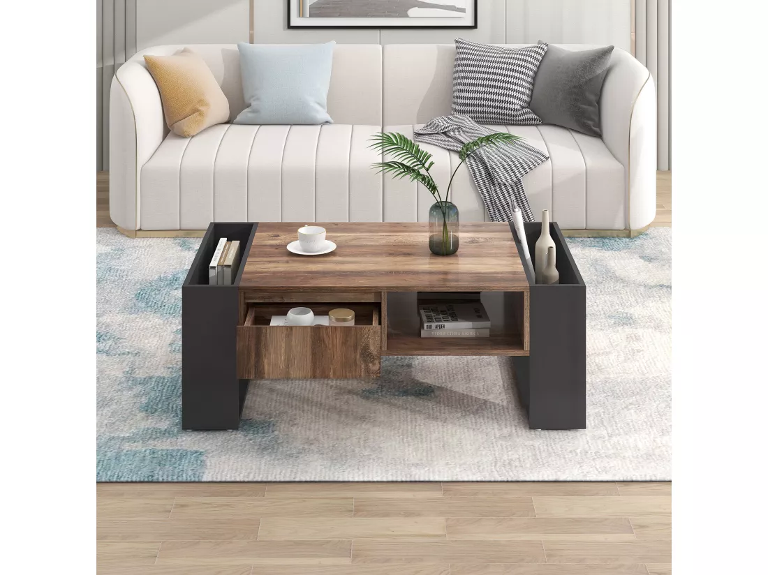 Table basse effet bois 1 tiroir niche ouvert et rangement des 2 côtés anthracite XUGZOIRS