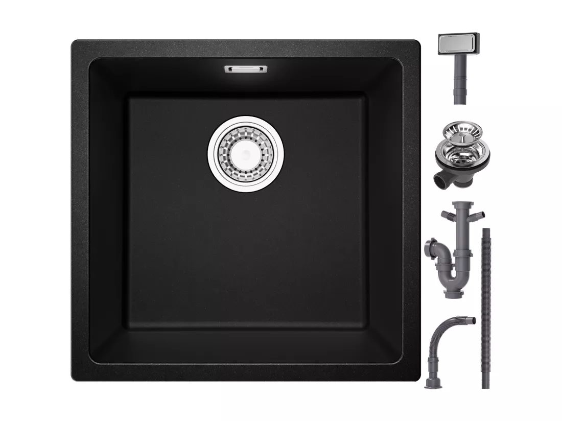 CECIPA MAX Evier 1 Bac en Quartz et Résine, Evier de Cuisine en Granit Noir Gris, Evier Quartz 3 Options de Montage, 45*44*20cm