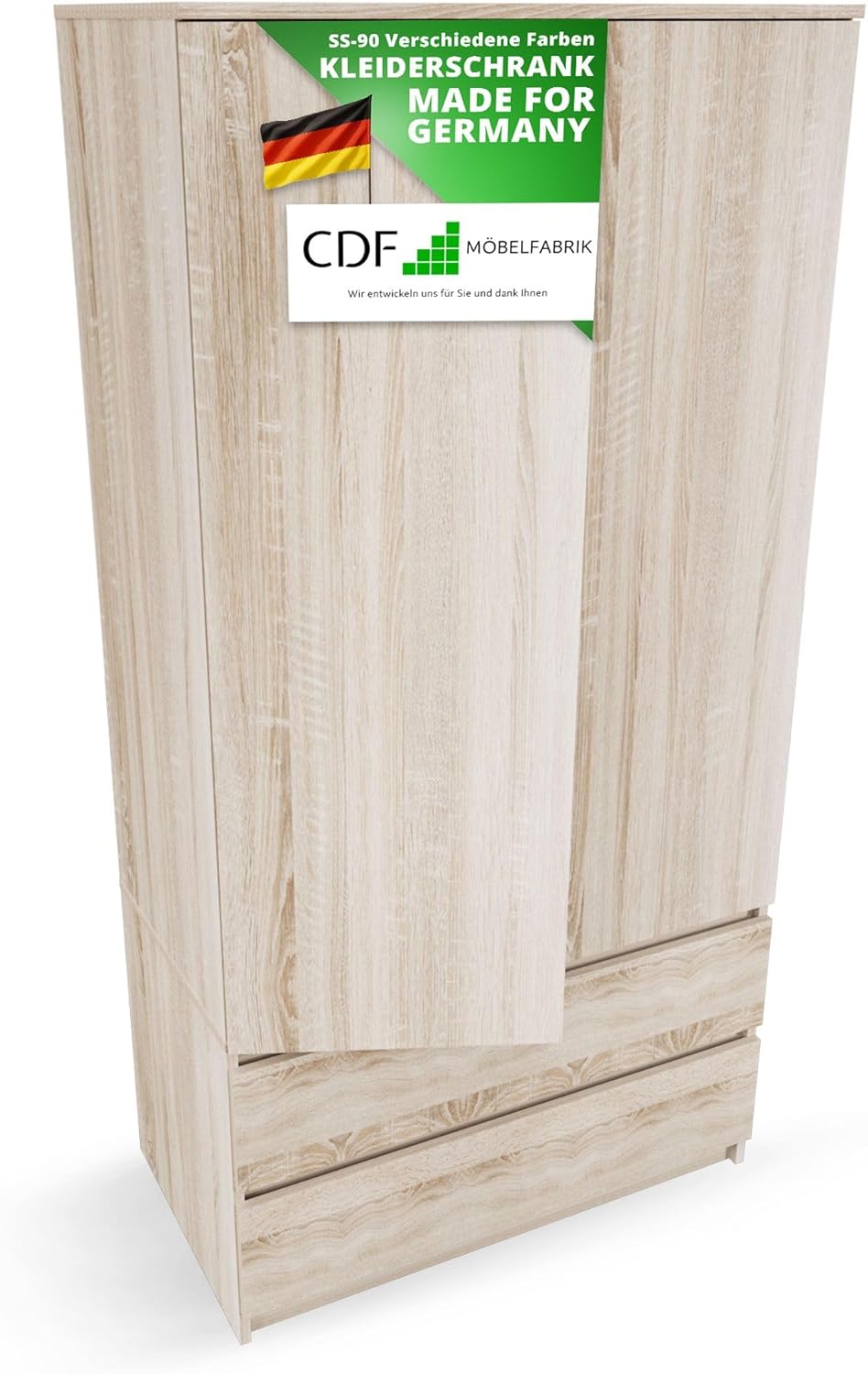 CDF Kleiderschrank 90cm Breit Kinderzimmer Schlafzimmer 2 Schubladen 2-türig Kleiderschrank Eiche Sonoma Zweitüriger Moderne Schrank Alles für Montage Inklusive Garderobenschrank Klamotten Spielzeuge