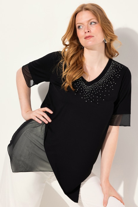 Bluse, Layering-Look, Mesh/Jersey, Zipfelsaum