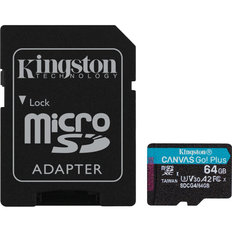 Kingston Technology Carte microSDXC Canvas Go Plus Gen4 200 Mo/s A2 U3 V30 64 Go + adaptateur