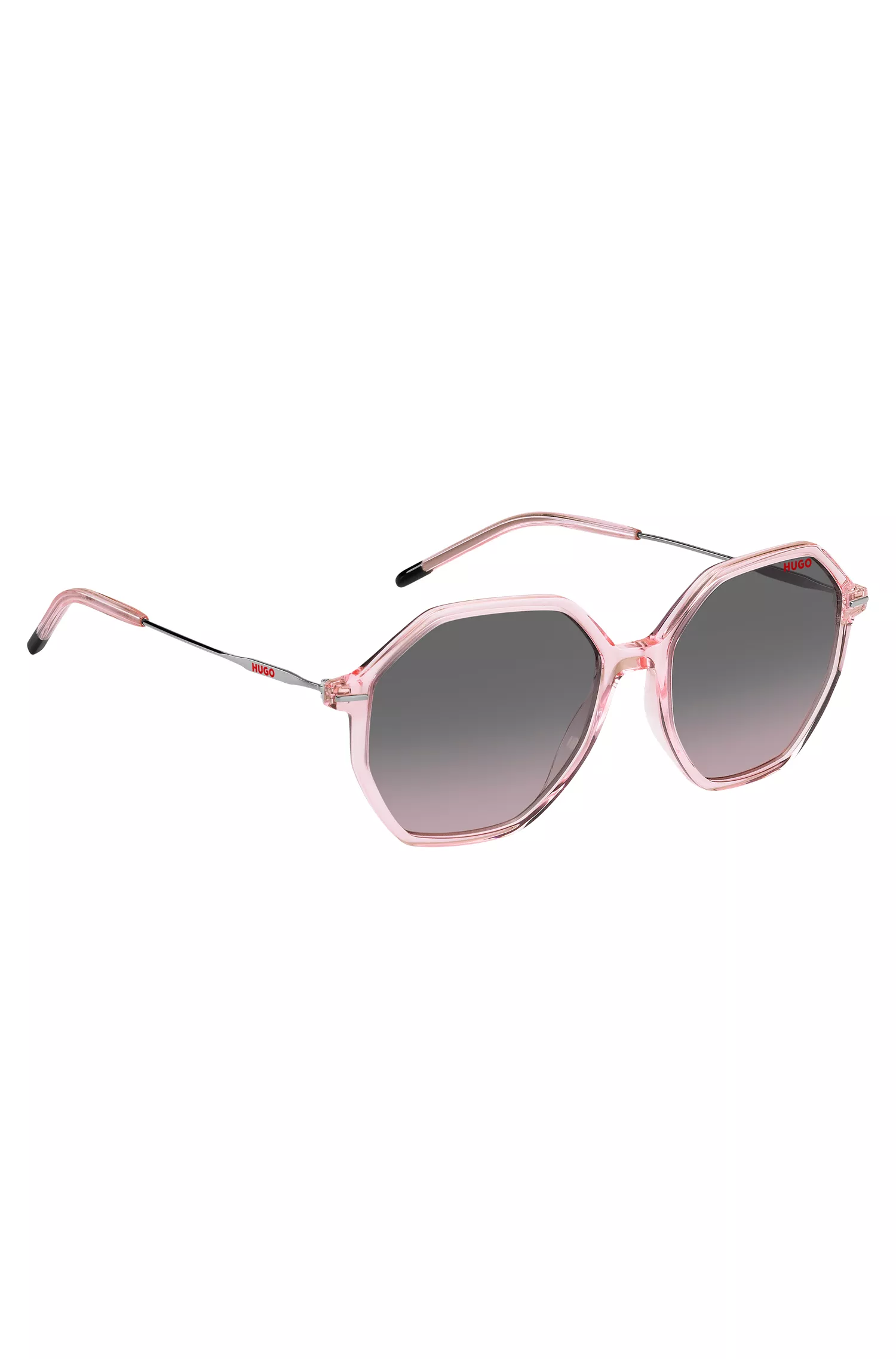 Óculos de sol HUGO em acetato vermelho e rosa com hastes de metal com a marca.