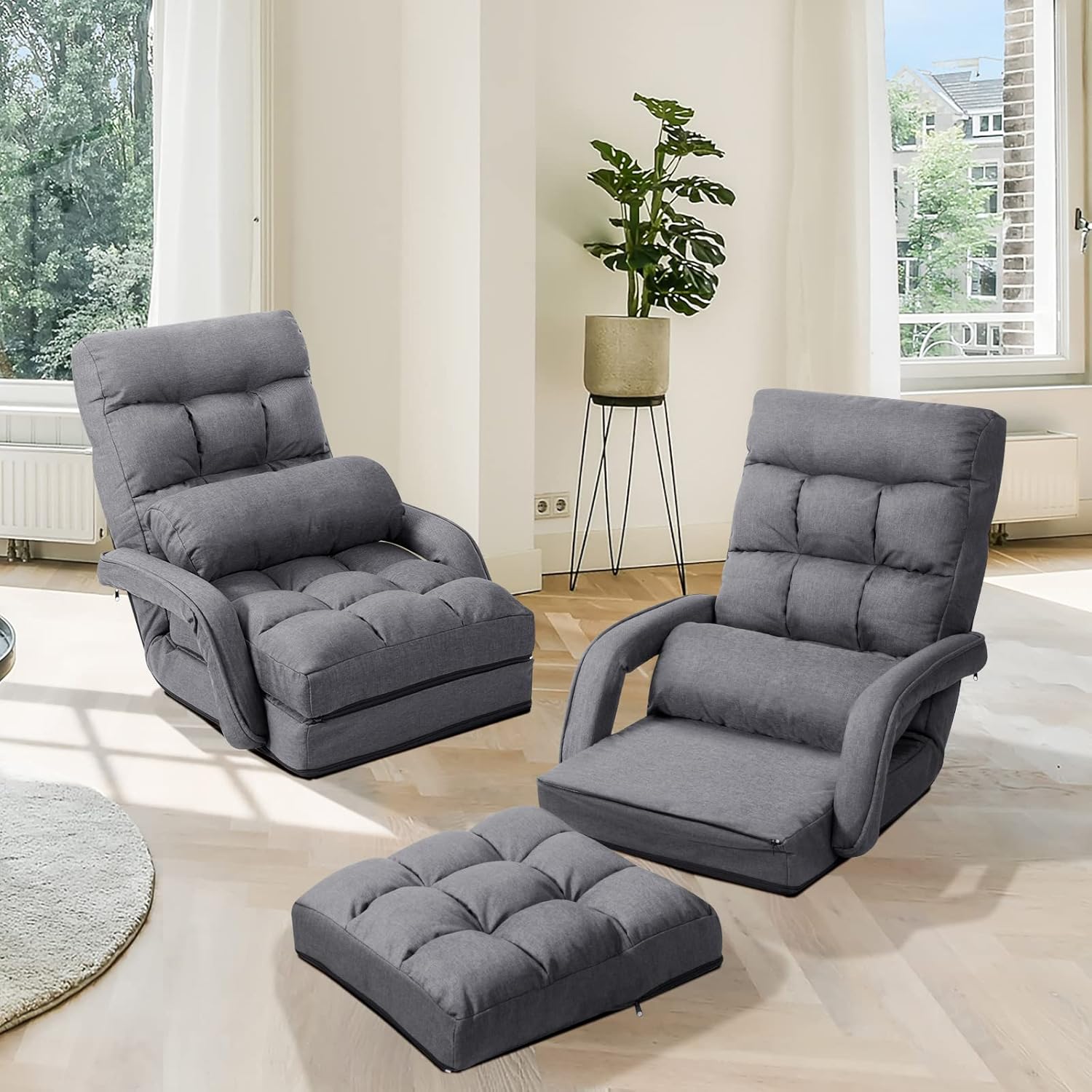 COSTWAY Klappsofa verstellbar, Bodensofa gepolstert, Liegebett mit Armlehnen und Kissen, Bodensessel Bodenstuhl Bodenstuhlsofa für Zuhause und Büro (Grau)