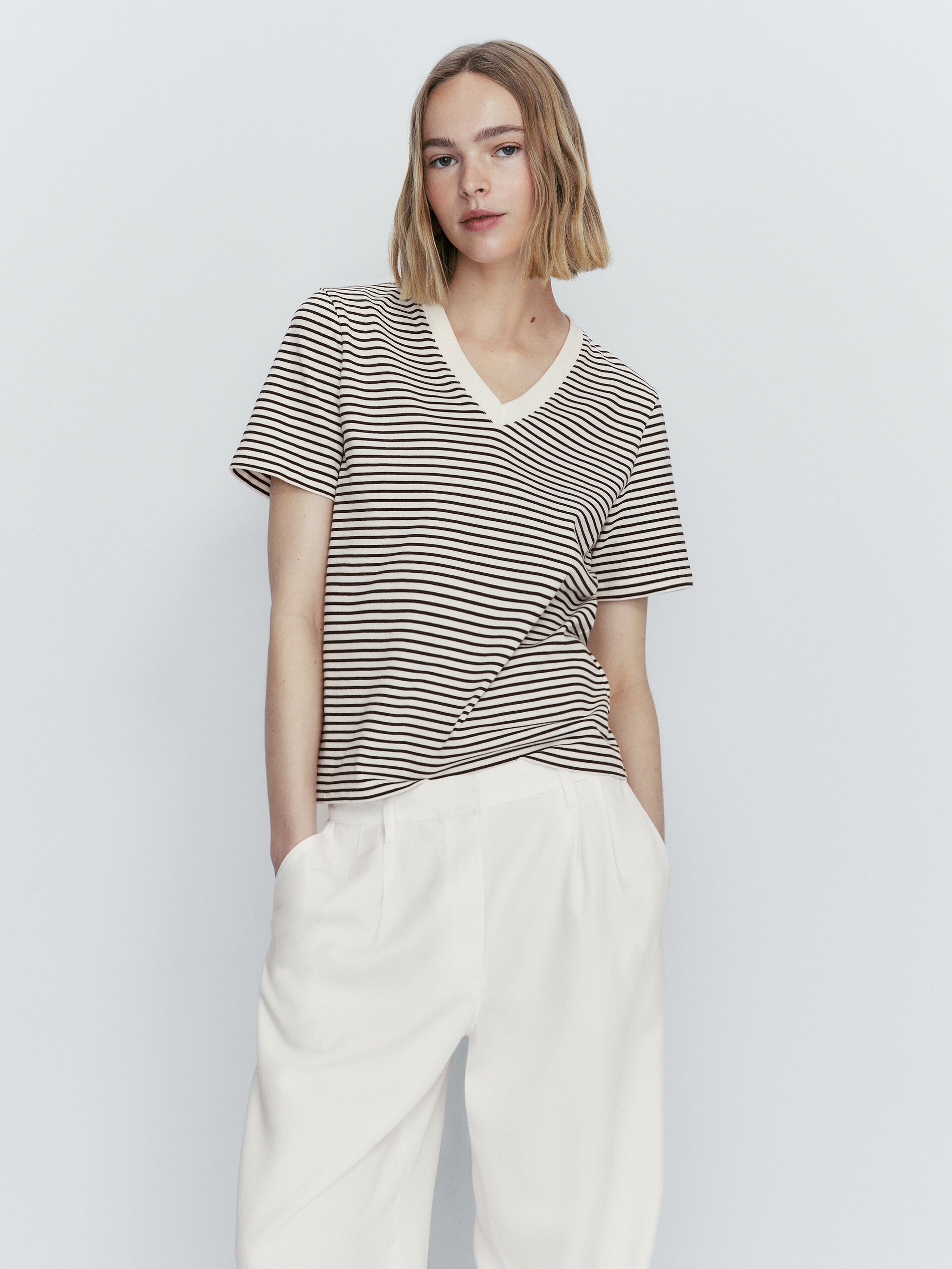 Camiseta rayas cuello pico contraste algodón - CRUDO