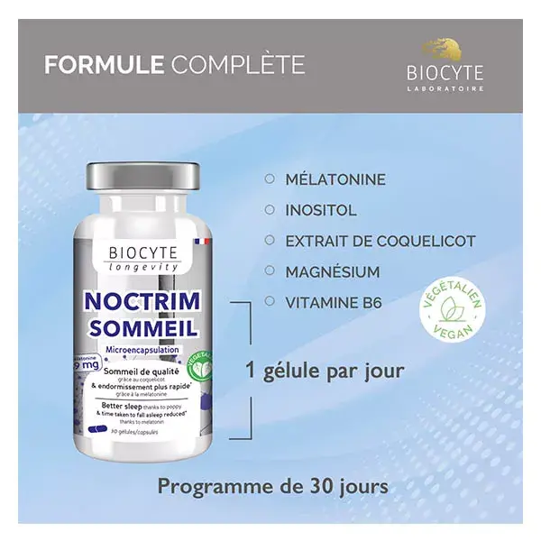 Biocyte Noctrim Sommeil Endormissement Mélatonine 1,9 mg Coquelicot 30 Gélules
