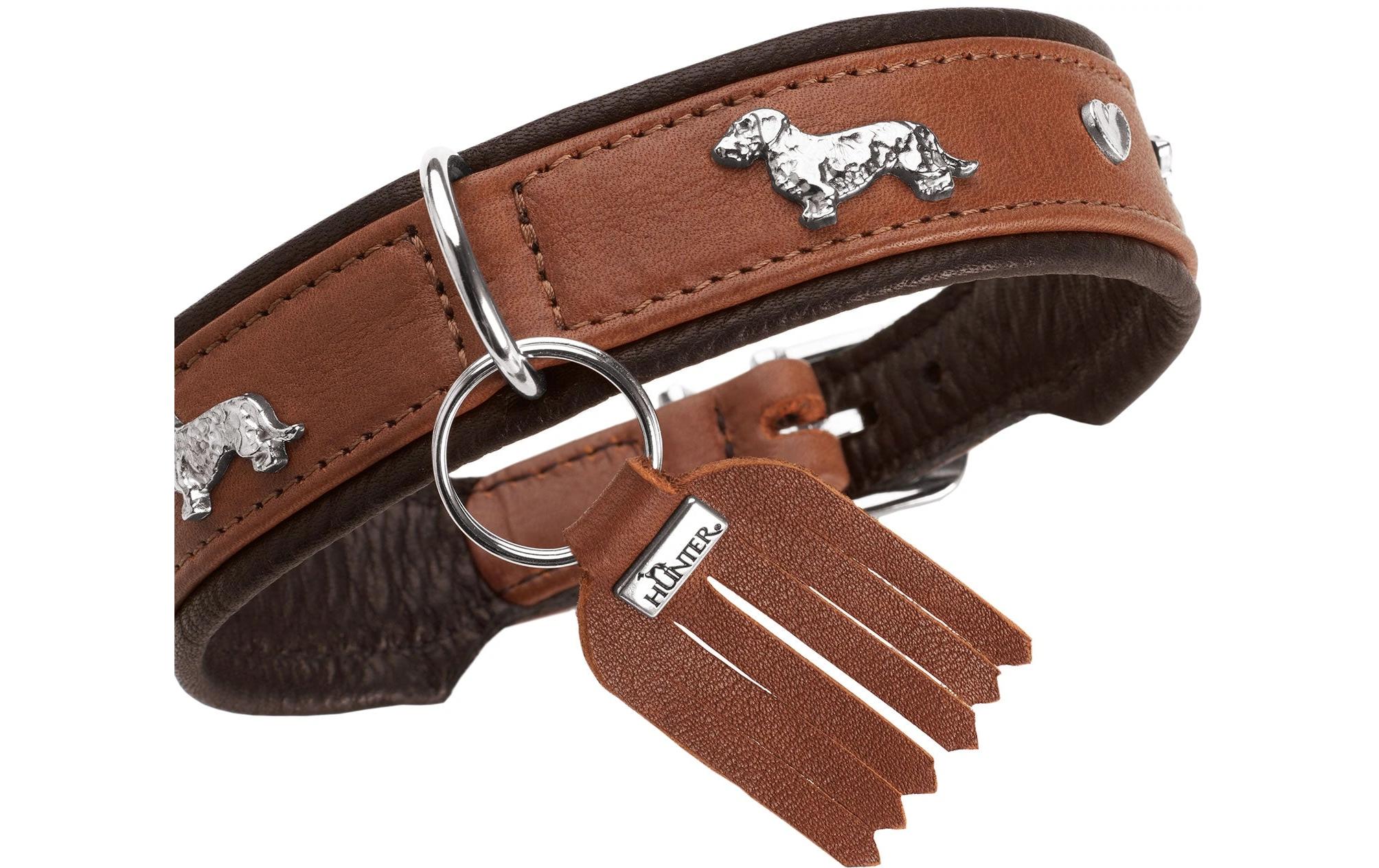 Teckel-Halsband München 37/XS-S, Rindsleder, Cognac/SchwarzKlassisches Halsband für Hunde mit auffälligen Dackel-Besätzen