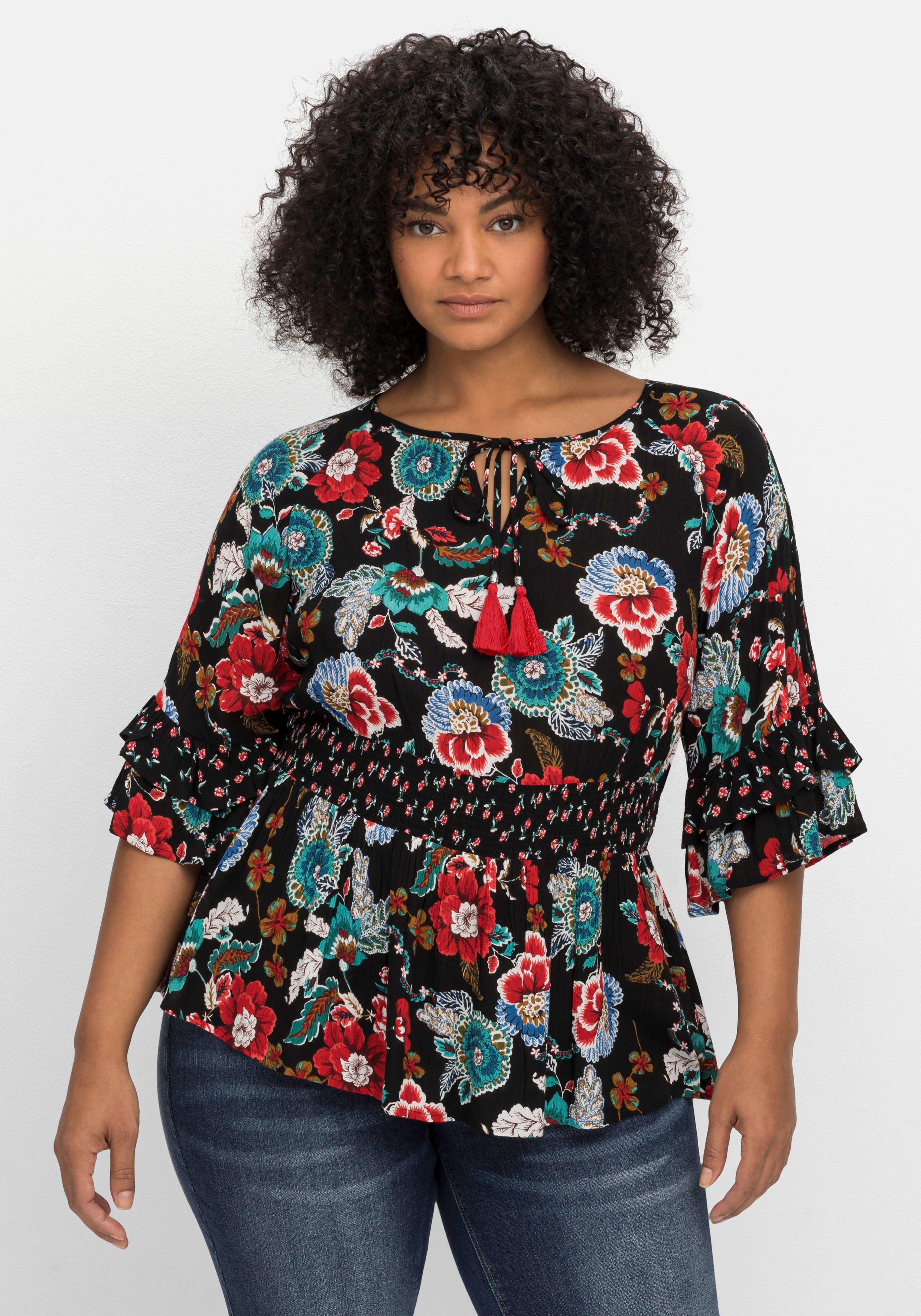 Tunika mit Cut-outs, Smokbund und Blumenprint