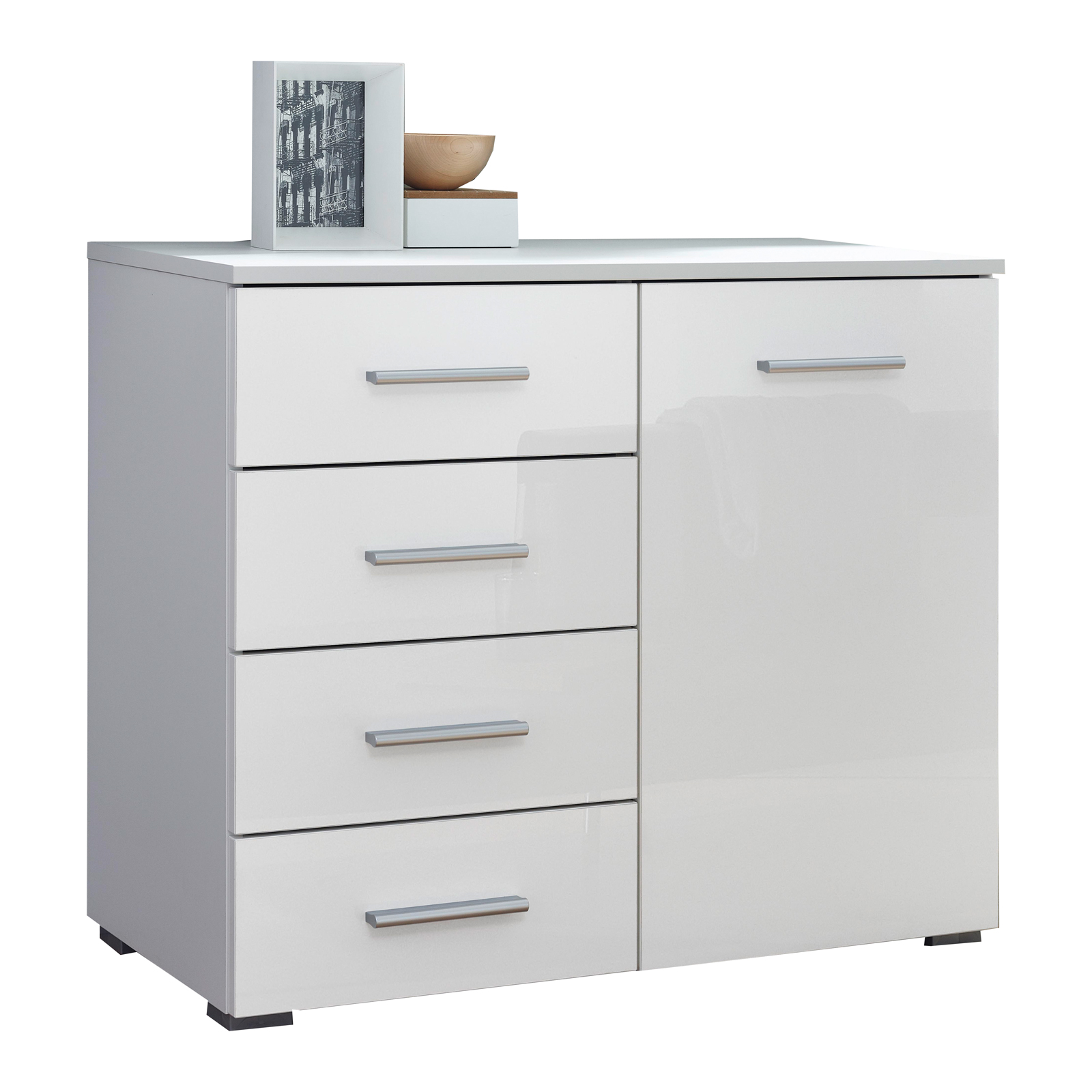 Kommode - weiß Hochglanz-alpinweiß - 4 Schubkästen - 80 cm
