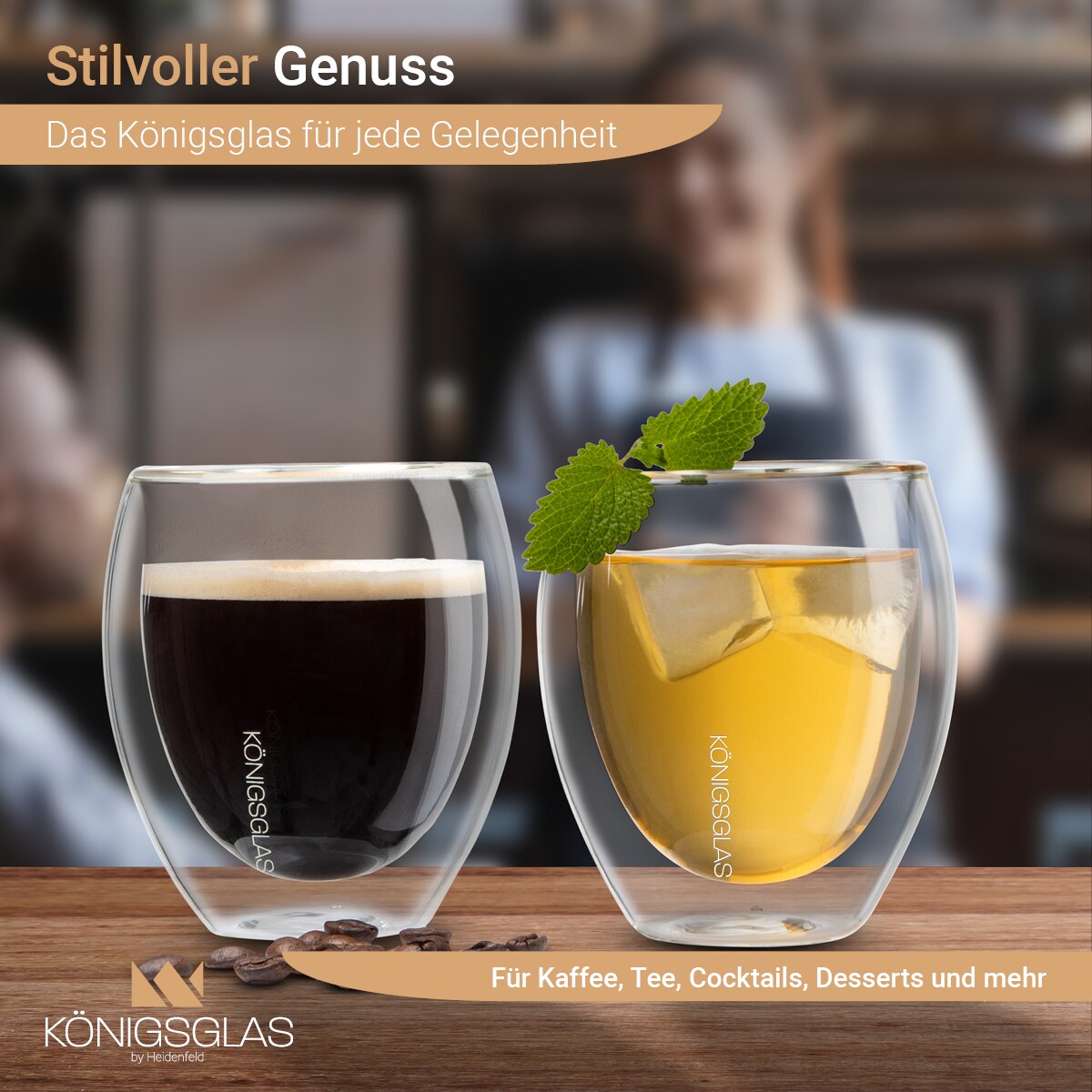 Königsglas Crema, Tee-/Kaffeegläser by Heidenfeld, 250 ml, 2er/4er-Set, doppelwandig, handgefertigt (2er Set)