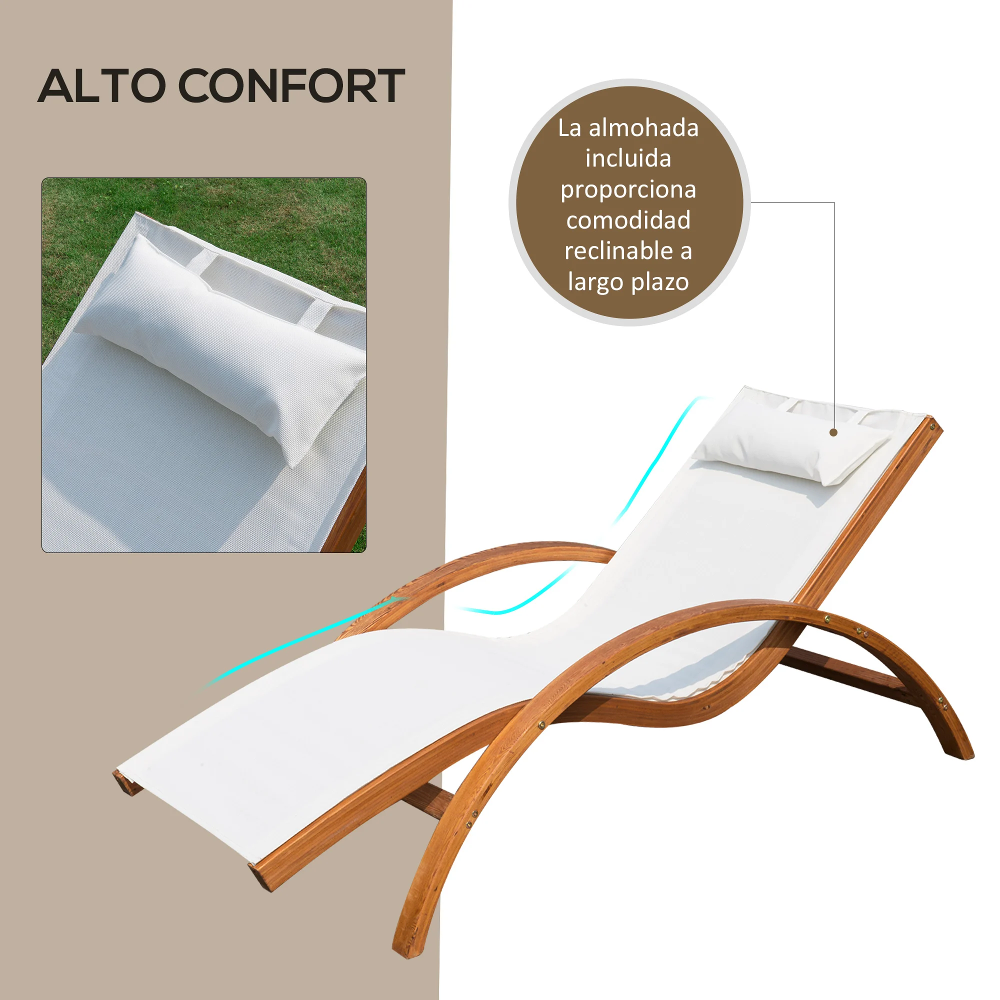Espreguiçadeira Outsunny estilo rede para jardim, terraço, praia, piscina ou pátio, 161x72x68 cm, branca, feita de madeira, tela e textilene com almofada.