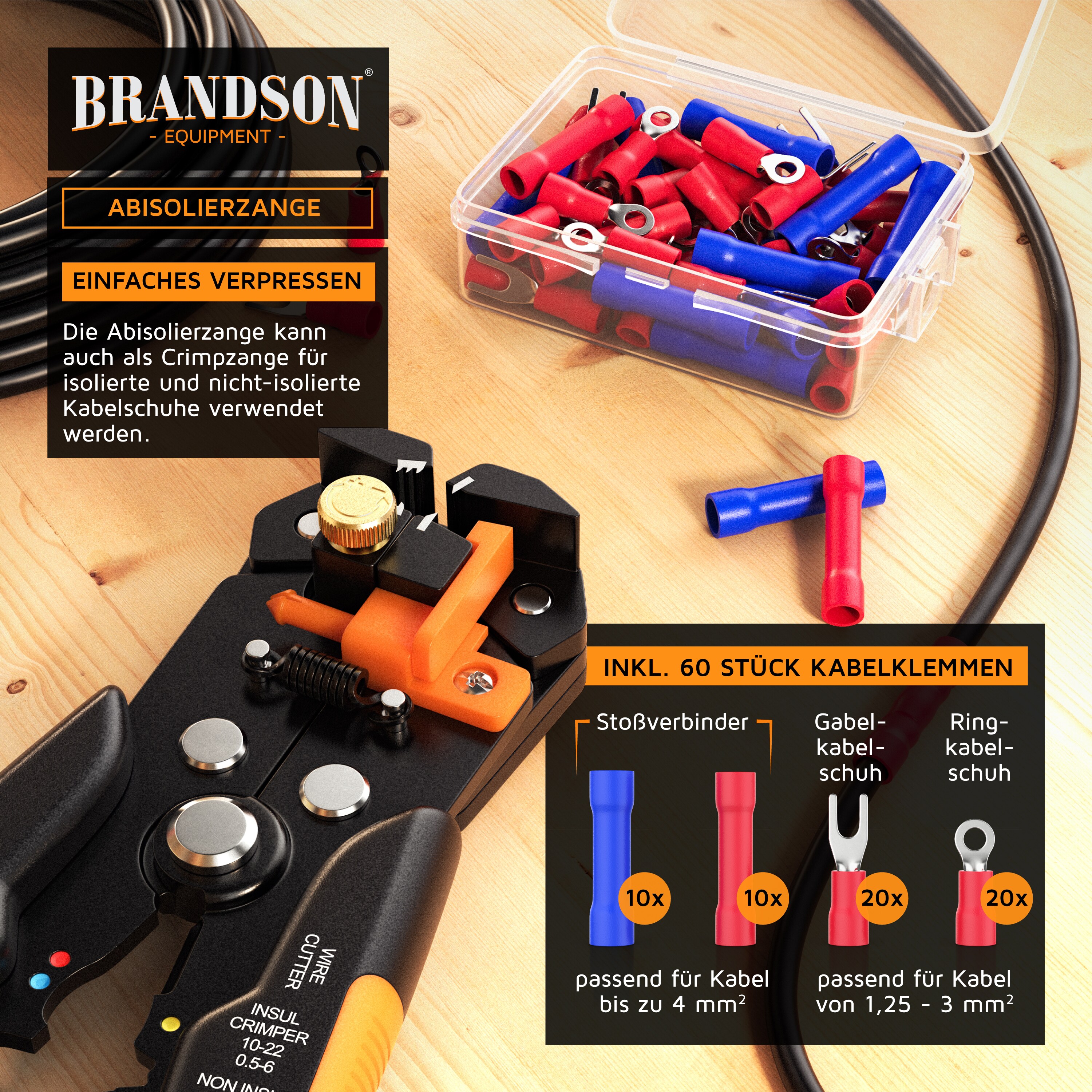 Brandson Abisolierzange selbsteinstellend - 10-24 AWG - Kabelschneider zum Abisolieren für Kabeldurchmesser von 0.2 - 6mm² - Crimpzange Crimpen
