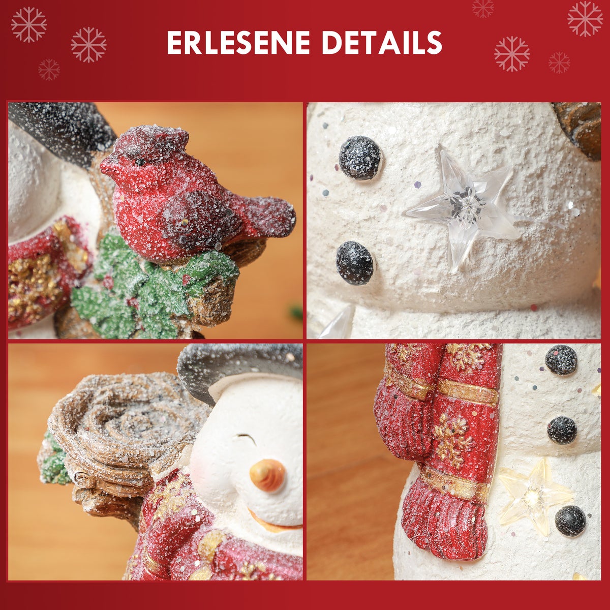 HOMCOM Kerstdecoratiefiguur, sneeuwpop met sjaals, mutsen en vogels, 38 cm Kerstfiguur met LED-licht, decoratief figuur voor Kerstmis, voor binnen en buiten