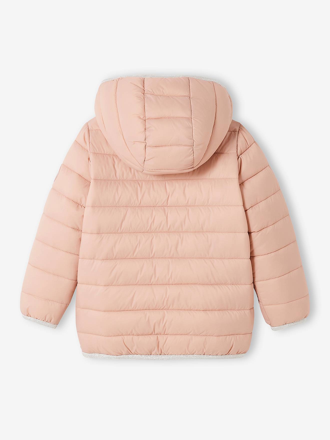 Jaqueta reversível leve com capuz para meninas, estampa rosa vibrante.