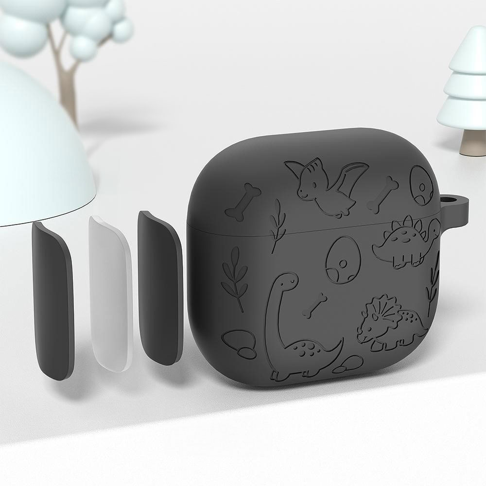 AirPods 4 Gummi Schutzhülle Dinosaurier Design Abdeckung mit Karabinerhaken - Schwarz