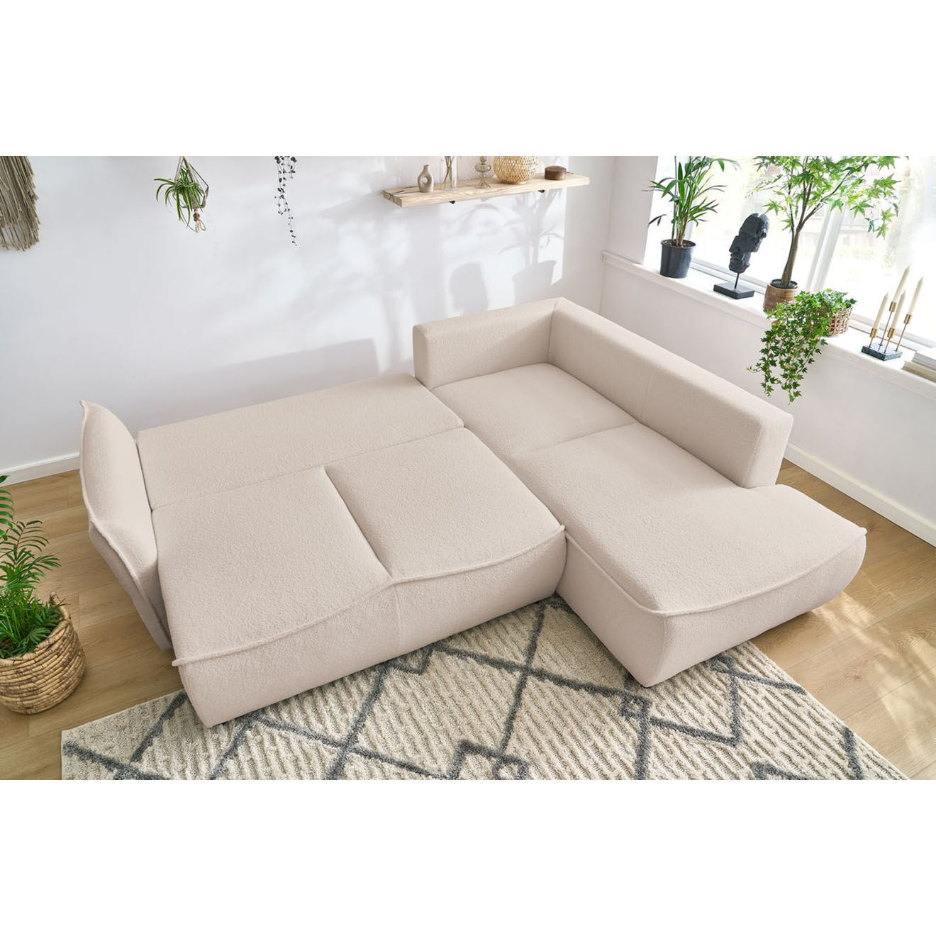 Bobochic Canapé d'angle L droit convertible bouclette Léon beige - 257x90x194 cm