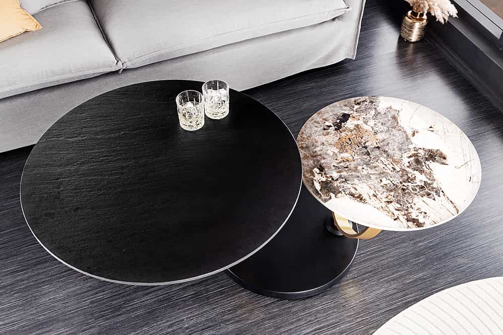 Design Couchtisch DANCING RINGS schwarz rund drehbar Pandora Keramik schwarz Metall