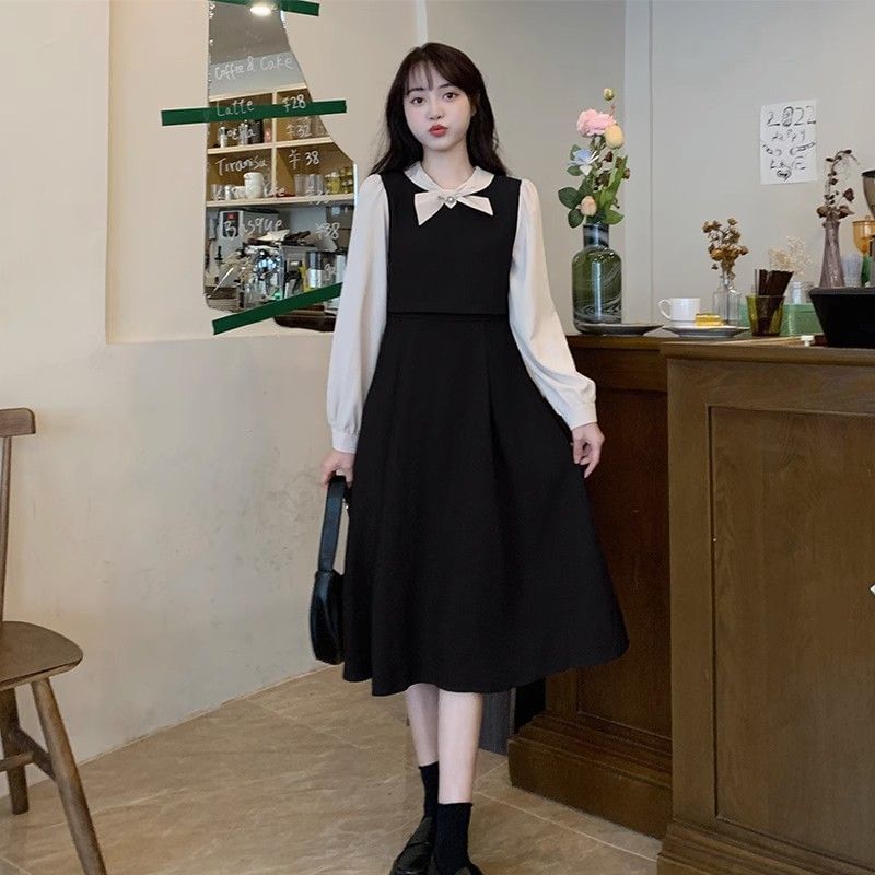Cossita - Mock Two-Piece Long-Mouw Two Tone Bow Midi A-Line Jurk
