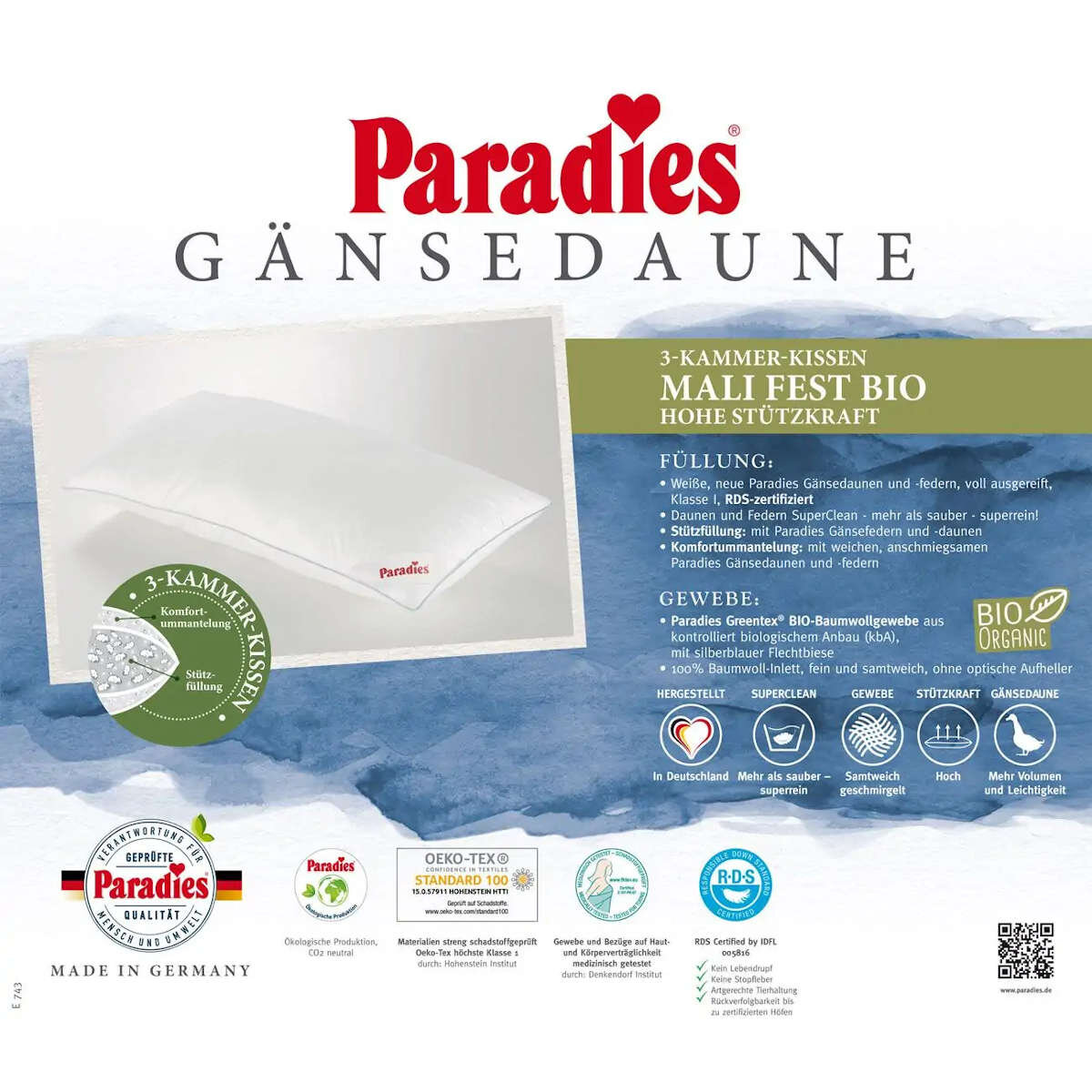 Paradies GmbH Paradies Mali Kopfkissen 3-Kammerkissen Medium Bio 80x80 cm