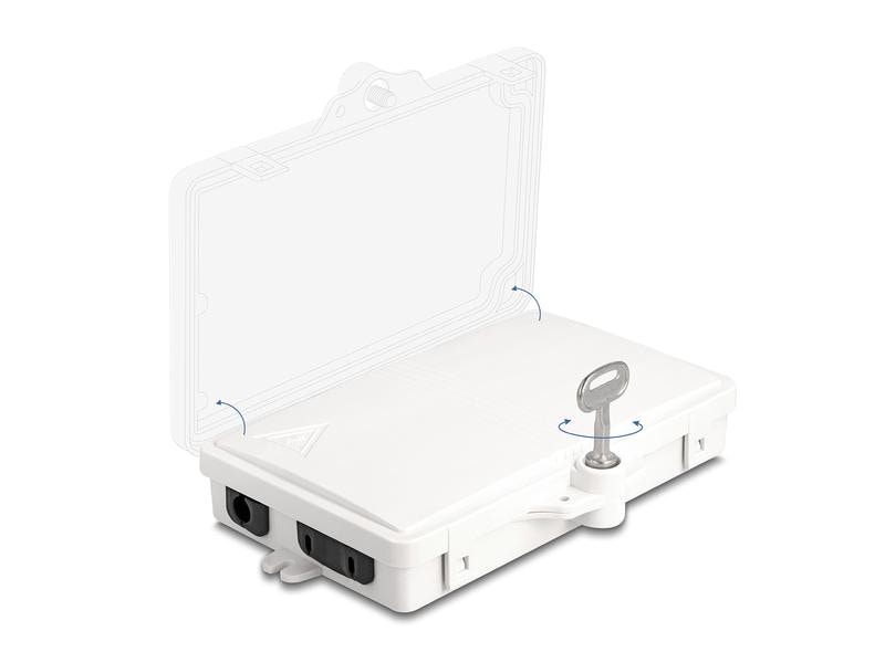 Delock LWL Verteilerbox IP65, 2 Port, Weiss Delock LWL Verteilerbox für Innen- und Aussenbereich IP65 wasserfest abschliessbar 2 Port weiss