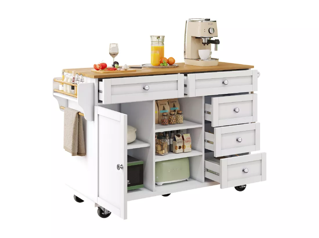 Ilot central de cuisine fixe avec une porte, 5 tiroirs et 3 compartiments ouverts - 134 x 46 x 92 cm - Bois MDF - Blanc