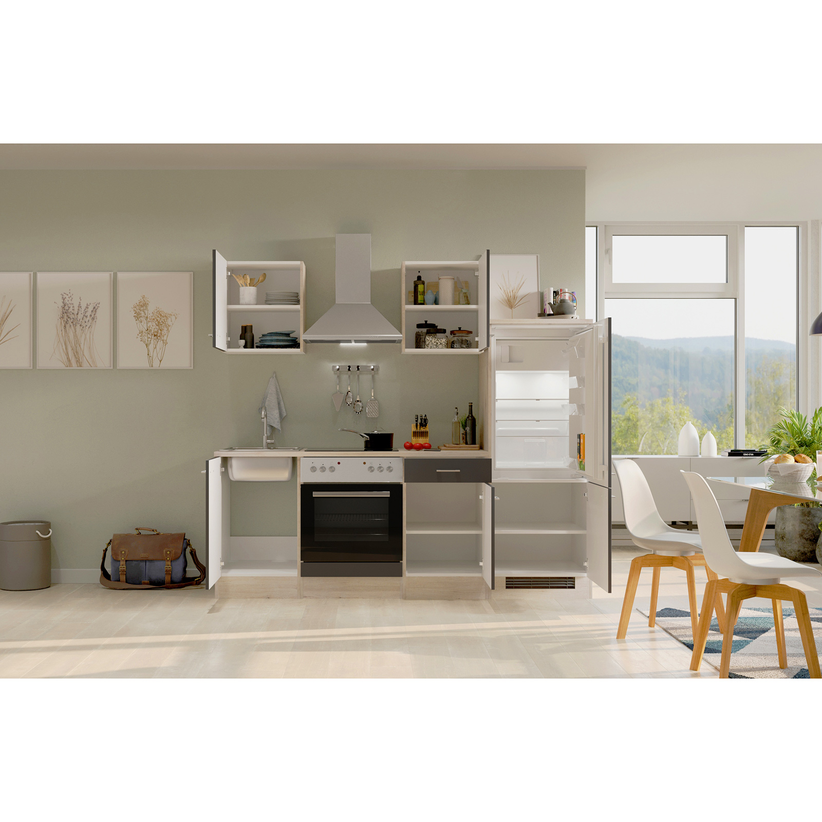 Küchenblock MORENA - basaltgrau matt - San Remo Eiche Nachbildung- mit E-Geräten - 220 cm
