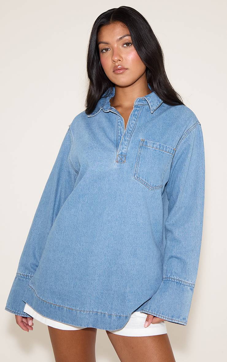 Mid Blue Wash Chemise En Denim Oversize Style Rugby