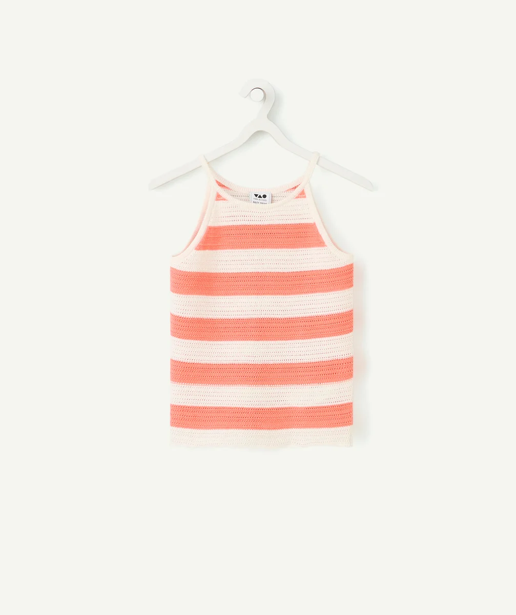 débardeur tricot fille en coton bio rayé corail et blanc