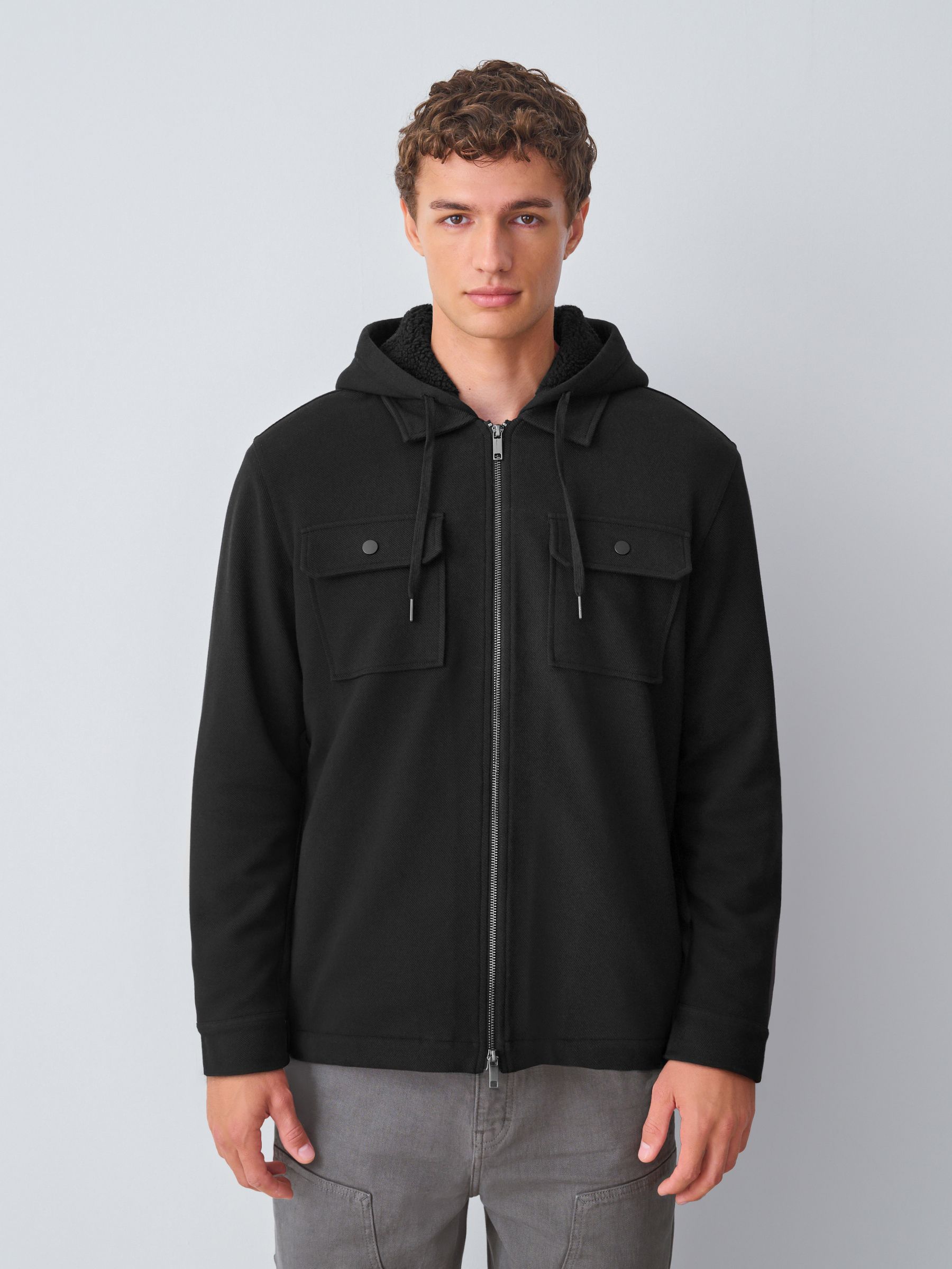 Zwart - Mat capuchon - Borg overshirt met fleecevoering