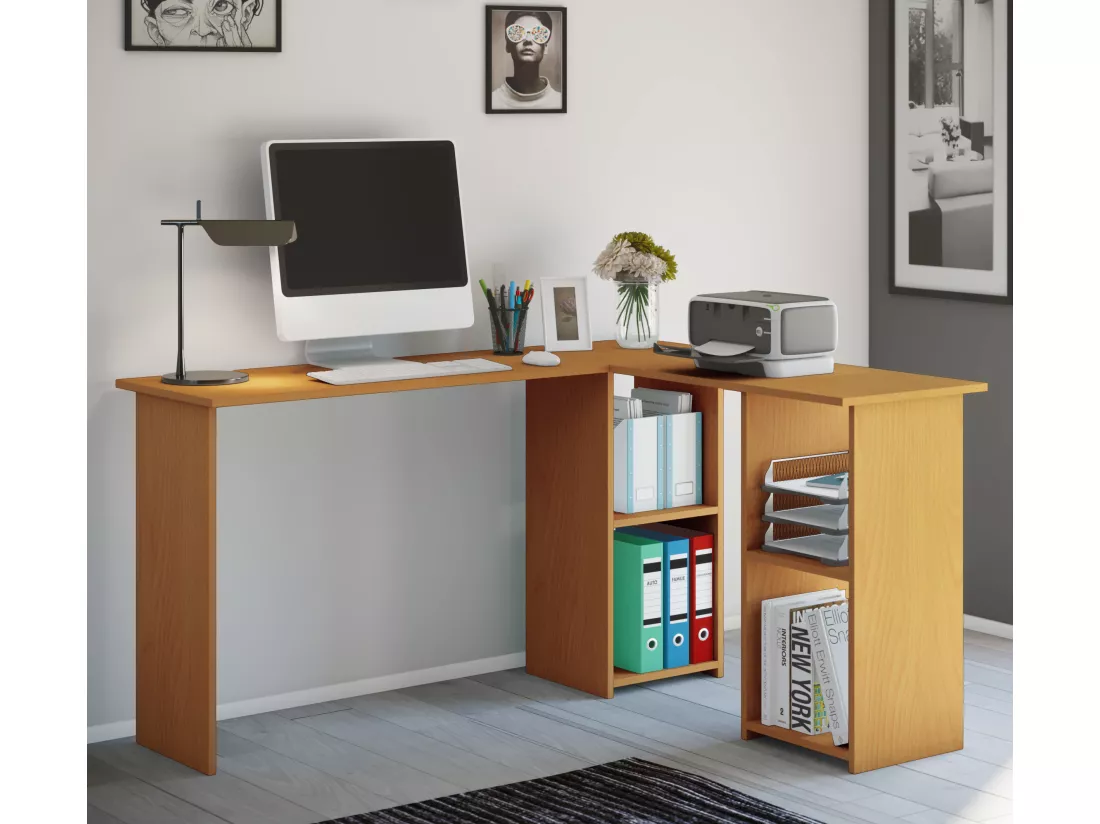 Bureau d'angle en bois VCM Bureau d'angle Bureau informatique Compartiment PC Lusias (hêtre)