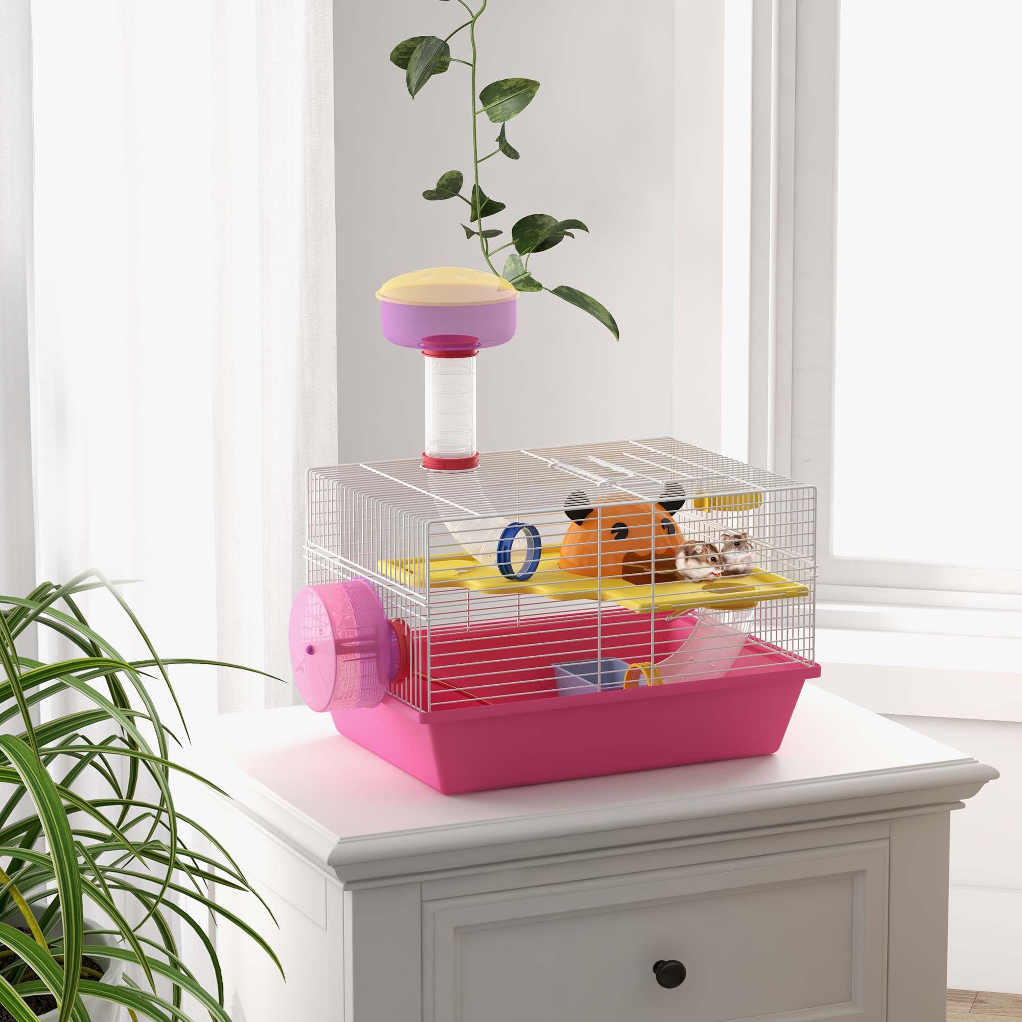 Gaiola PawHut para Hamster, Casinha para Pequenos Animais com Bebedouro, Roda de Exercícios, Torre de Observação e Casinha, 34x27x25 cm, Rosa