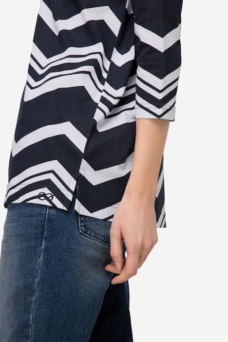 T-Shirt, oversized, Zacken Muster, U-Boot-Ausschnitt, 3/4-Ärmel