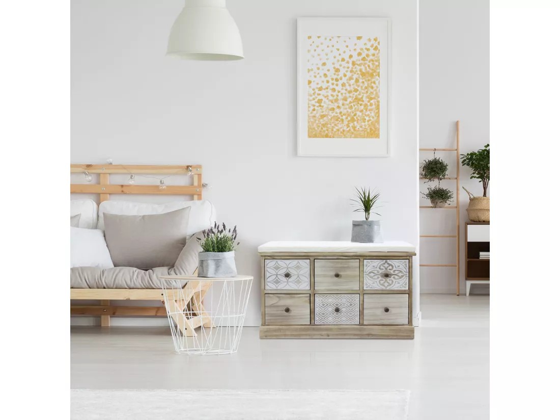 Banc Commode Beige 6 Tiroirs Assise Rembourrée 49x77,5x35