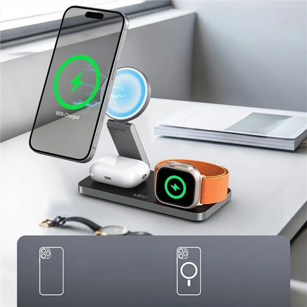 (15W) Faltbare 3in1 MagSafe Qi Wireless Charger Ladegerät für Apple iPhone / Apple Airpods / Apple Watch - Schwarz / Weiss