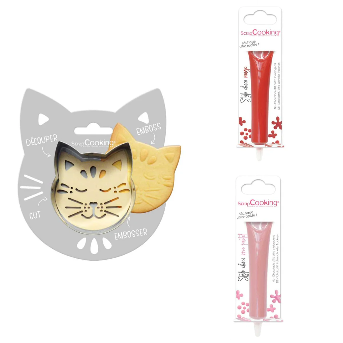 Kit pour biscuit en relief Chat + 2 Stylos au chocolat rouge et rose p