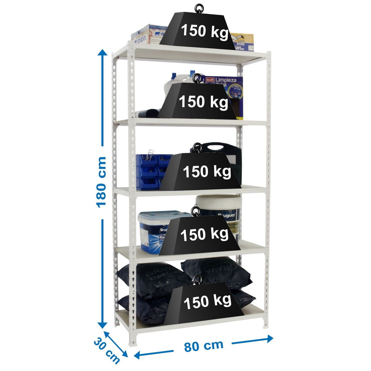 PROREGAL Heavy-Duty Stellingkast Muli HxBxD 180 x 80 x 30 cm 5 Planken Plank Draagvermogen 150 kg Wit