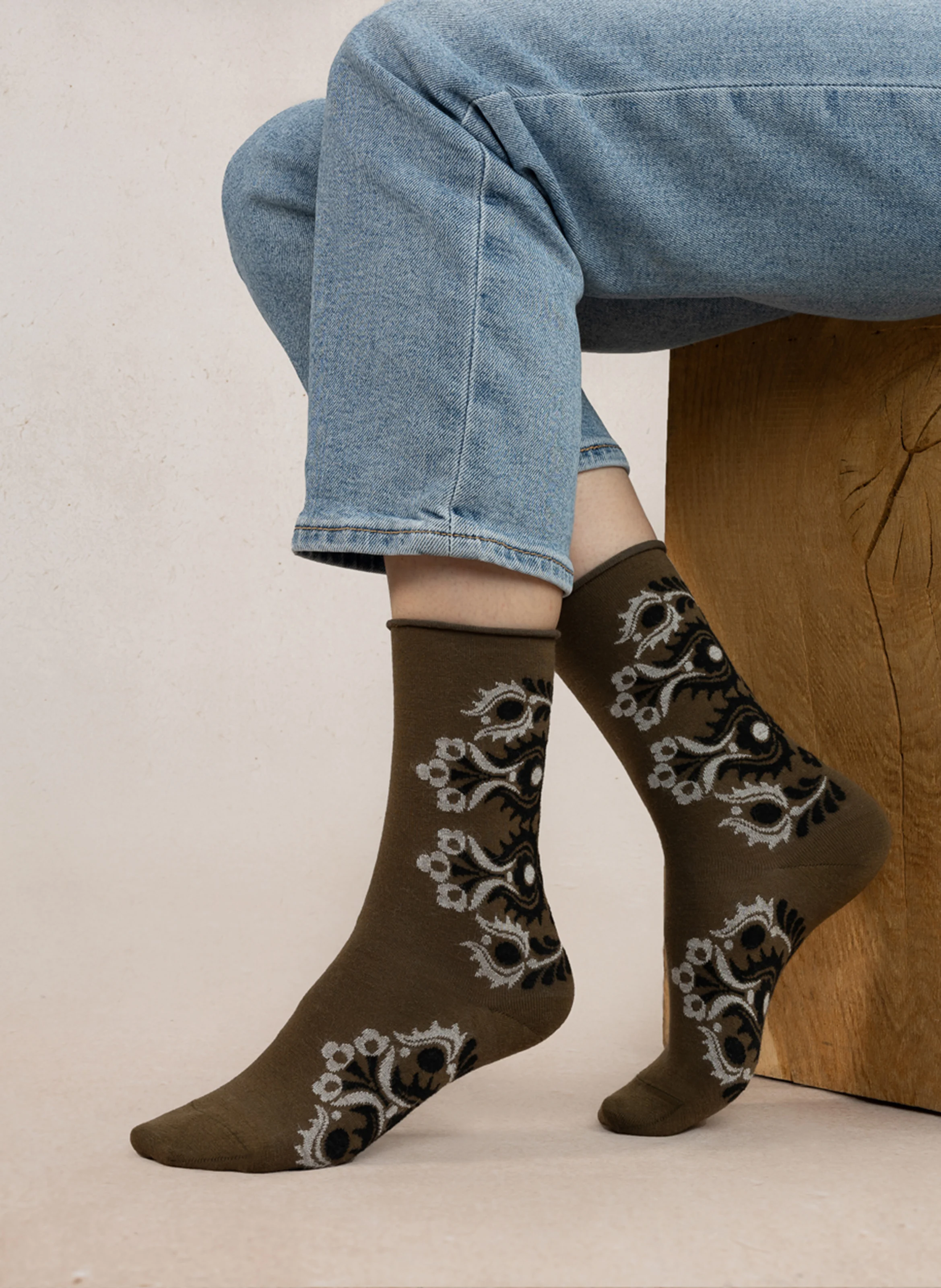 FOLKE - Chaussettes en laine mélangée imprimé | Kaki