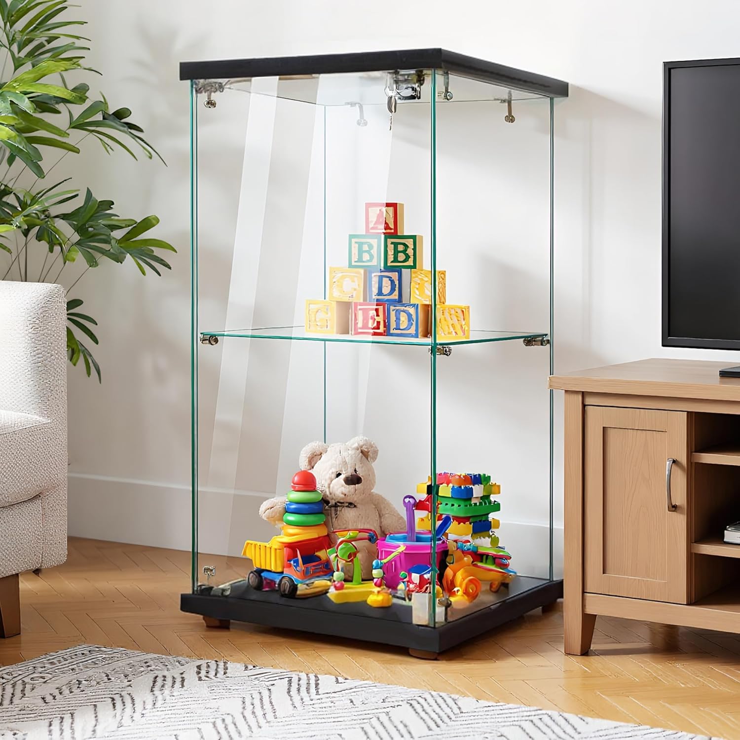 Glasvitrine mit LED-Beleuchtung in Schwarz, 86x43x37cm, Modern Vitrine mit 2 Regalen, 1 Türen Glas Vitrine Vitrinenschrank, Glasschrank Standvitrine aus Gehärtetes Glas und Holz, für Wohnzimmer