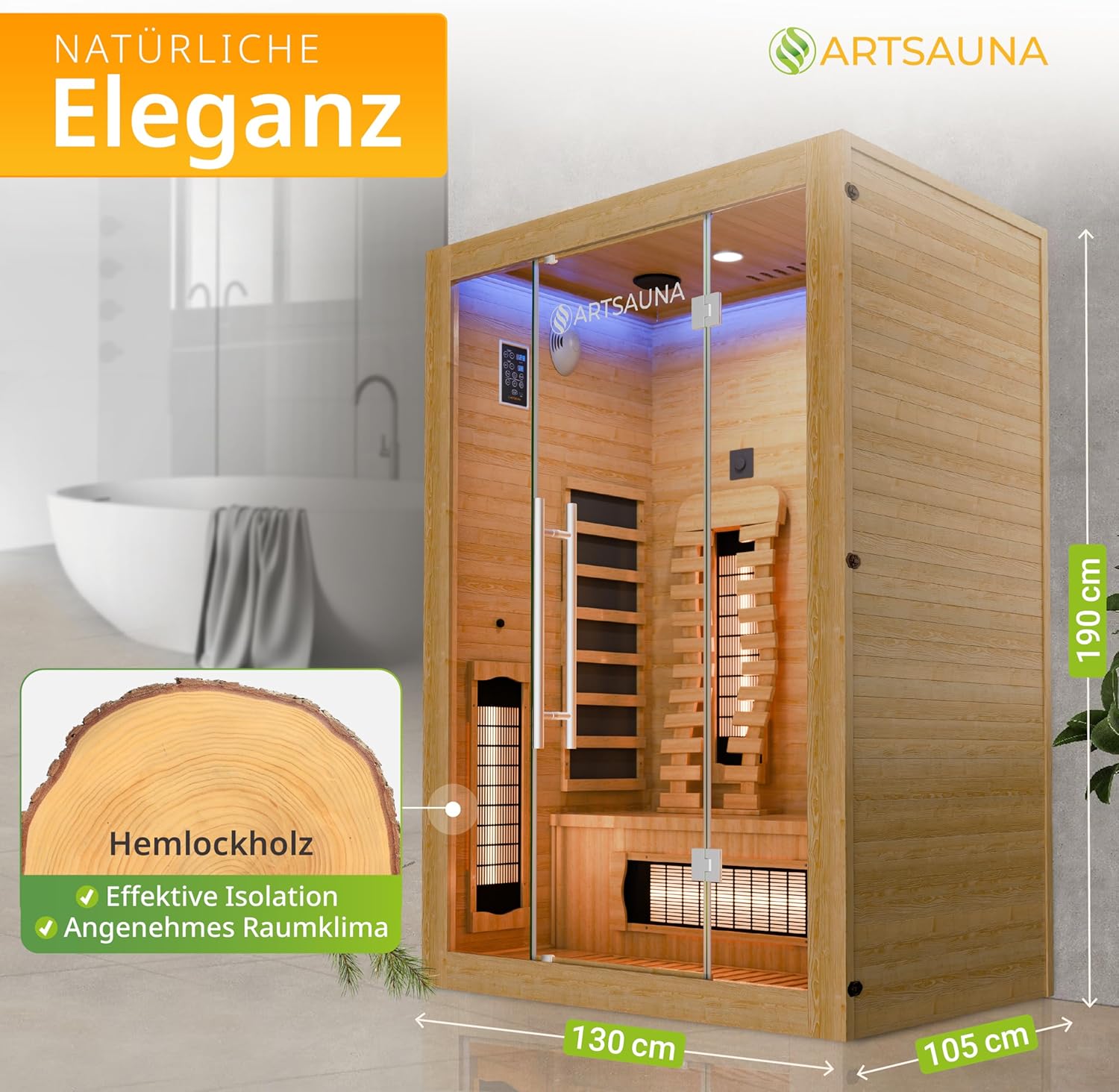 Artsauna Infrarotkabine Kiruna130 Premium mit Vollspektrum- & Flächenstrahler, 2 Person, 130x105x190 cm, LED Farblicht & Glastür, Infrarotsauna Sauna - Rückenstrahler dimmbar