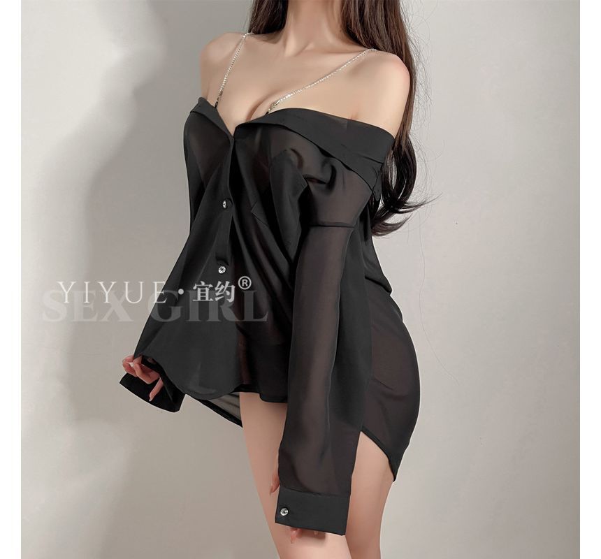 Candyiry - Set: Effen doorschijnende lingerie-shirtjurk + string + bandje met strass
