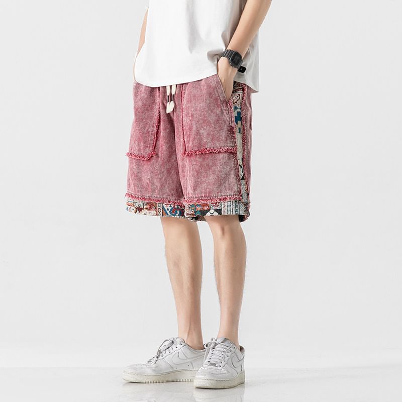 VEAZ - Denim shorts met trekkoord in de taille en gewassen rafelpaneel