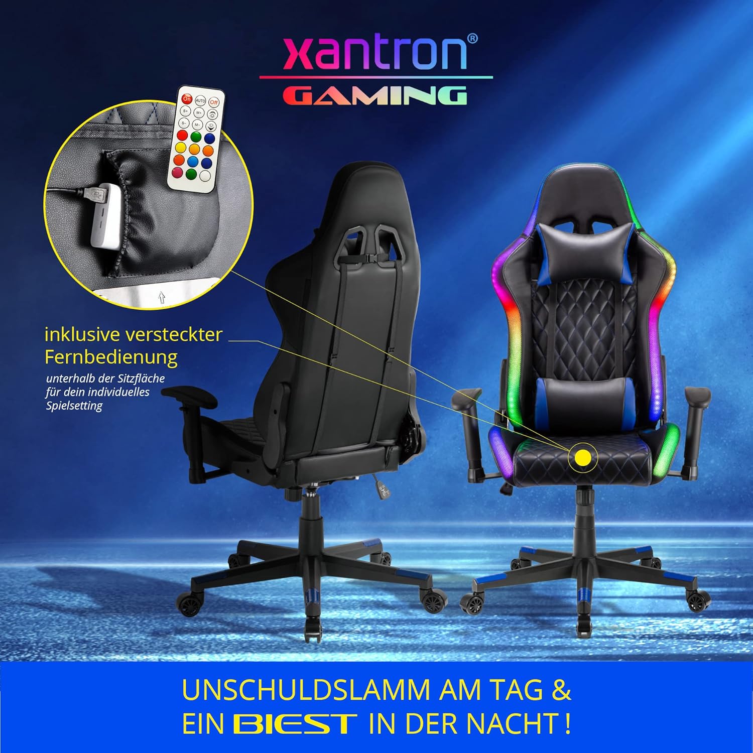 Xantron® Ergonomischer Gaming Stuhl RGB Beleuchtung - 150 kg Belastbarkeit - Gamer Sessel in Schwarz mit PVC Leder - Gamingsessel verstellbar per Gasdruckfeder - Gamingstuhl - Gaming Chair