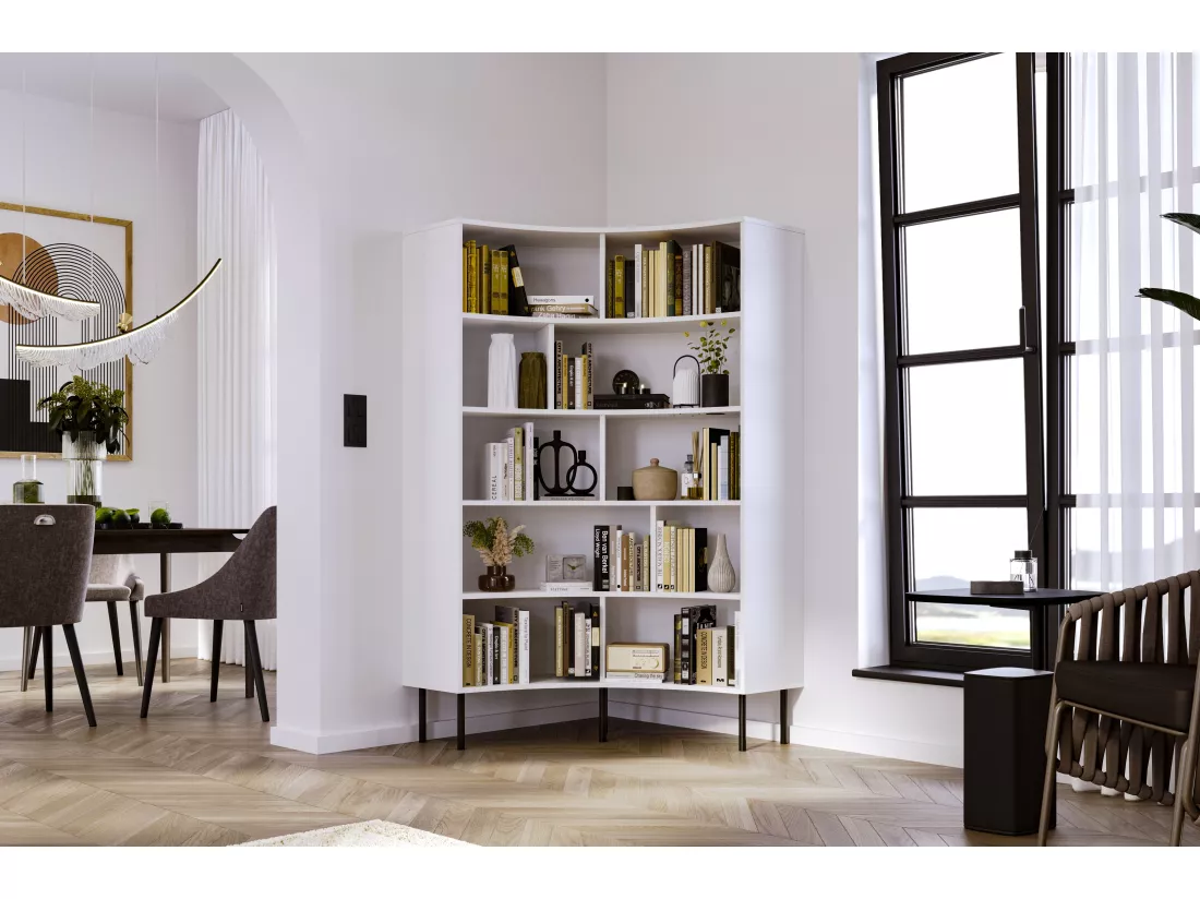Bibliothèque d'angle moderne blanche pour livres HORN avec des pieds noirs / 100 cm