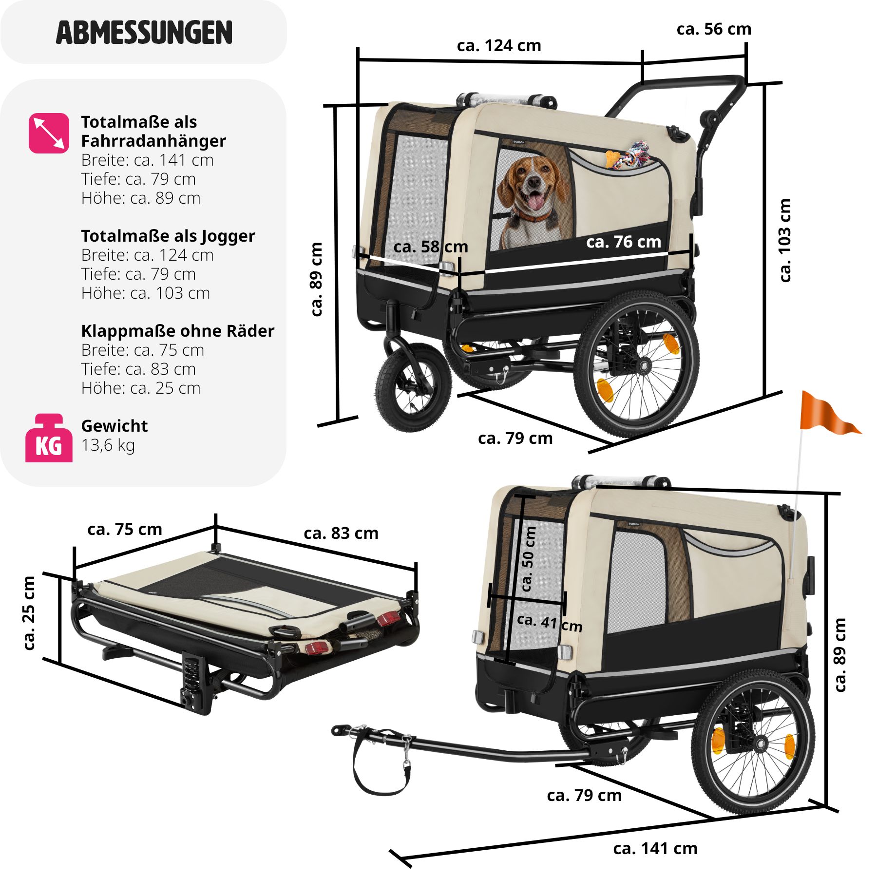 tectake® Hundeanhänger, 3in1 multifunktional, gefedert, Belastbarkeit 40 kg, 240 Liter, inklusive Reflektoren, Leine und Warnfahne