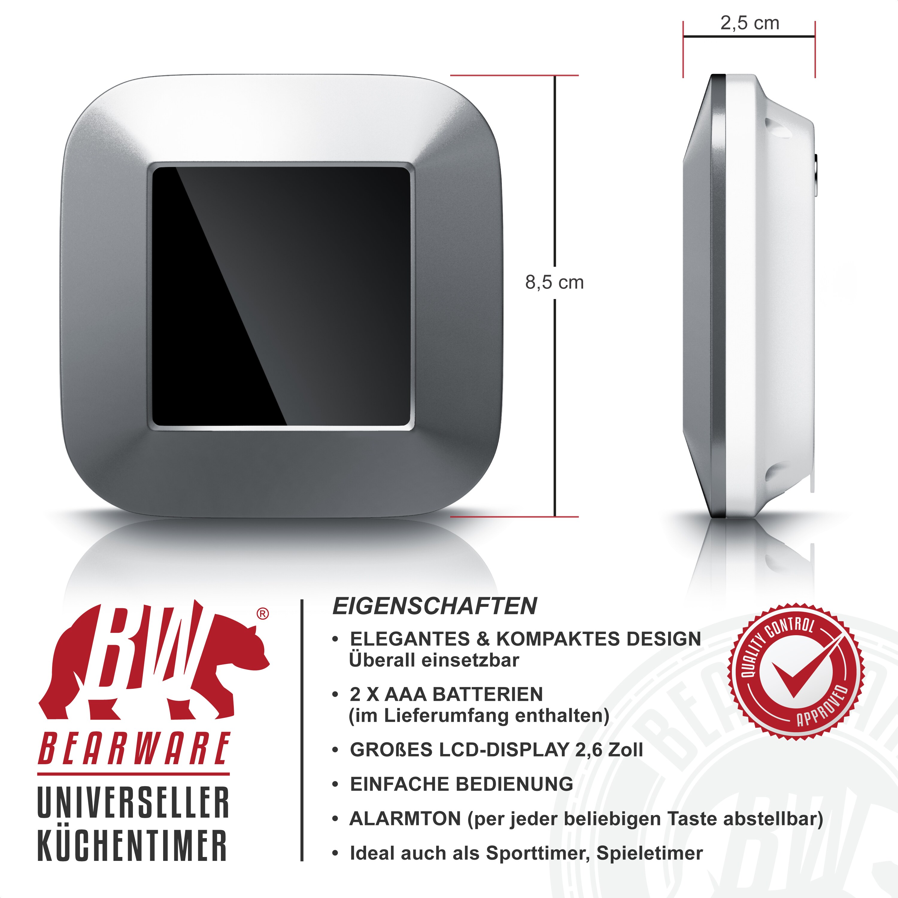 BEARWARE Küchentimer digital - Küchenwecker Eieruhr - digital mit 3 x Touchbutton - LCD Display - Countdown und Countup bis 99 Minuten - Uhrzeit