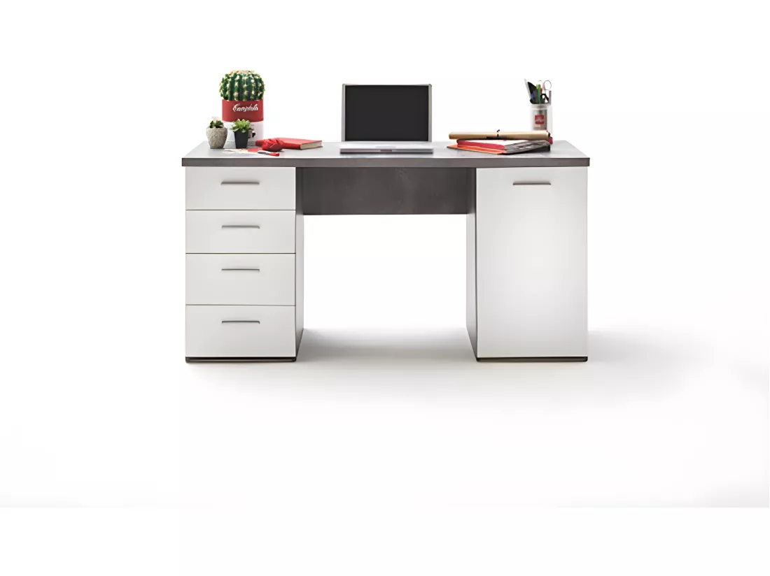 Bureau blanc avec 4 tiroirs et 1 porte décor béton gris - ALVIN
