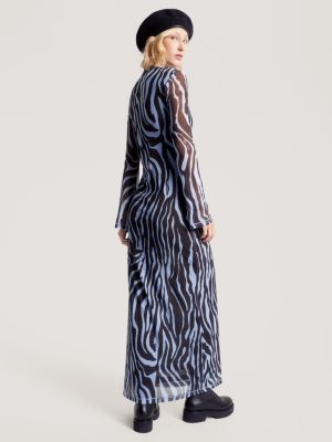 Vestido longo de alças finas com estampa de zebra e tule