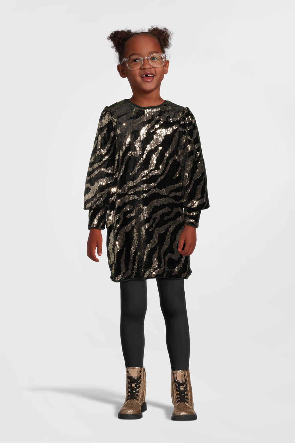 NAME IT A-lijn jurk NKFRANIMAL met zebraprint en pailletten zwart/brons