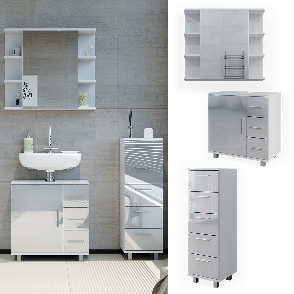 Vicco Badmöbelset Ilias Weiß Hochglanz modern Badezimmer Schrank Badschrank Waschtischunterschrank Spiegelschrank Midischrank Schranktür Schrankschublade Schrankfach Ablage Aufbewahrung
