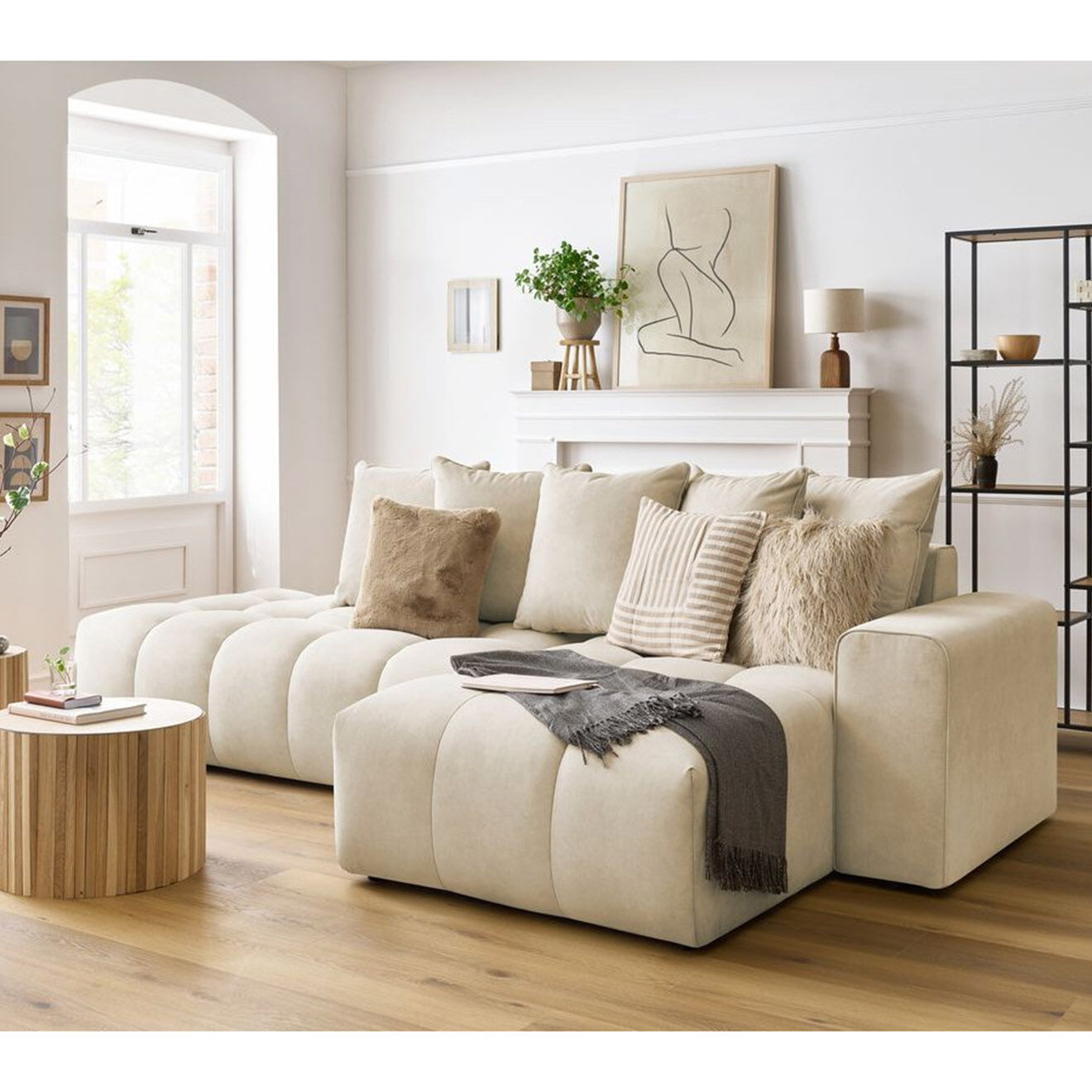 Bobochic Canapé d'angle fixe mont-blanc velours angle droit beige - 313x176x97 cm